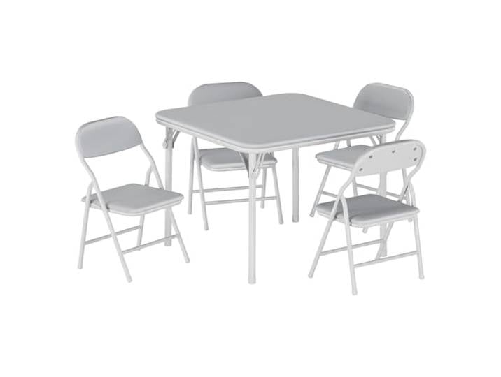 Litake Faltbares Kindertisch- und Stuhlset – Gepolsterte PU-Leder-Oberfläche, Metallgestell – Für Spielen, Basteln & Lernen – Farbe: Grau, Set: 1 Tisch + 4 Stühle