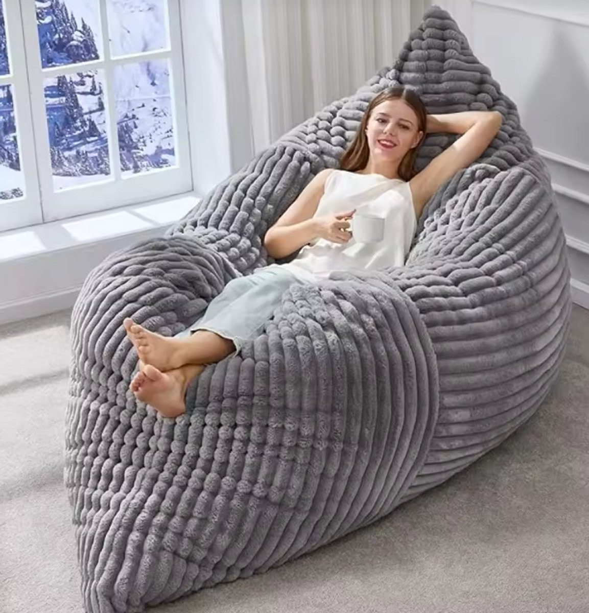 Luxe Zitzak Grijs - Grote Bean Bag van Corduroy Stof met Wasbare Hoes