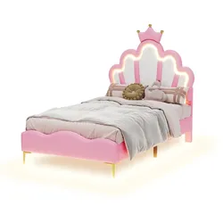 OKWISH Doppelbett 90x200 mit LED Beleuchtung, Polsterbett mit PU Kunstleder, verstellbare Höhe, modernes Bettgestell mit Krone Rosa