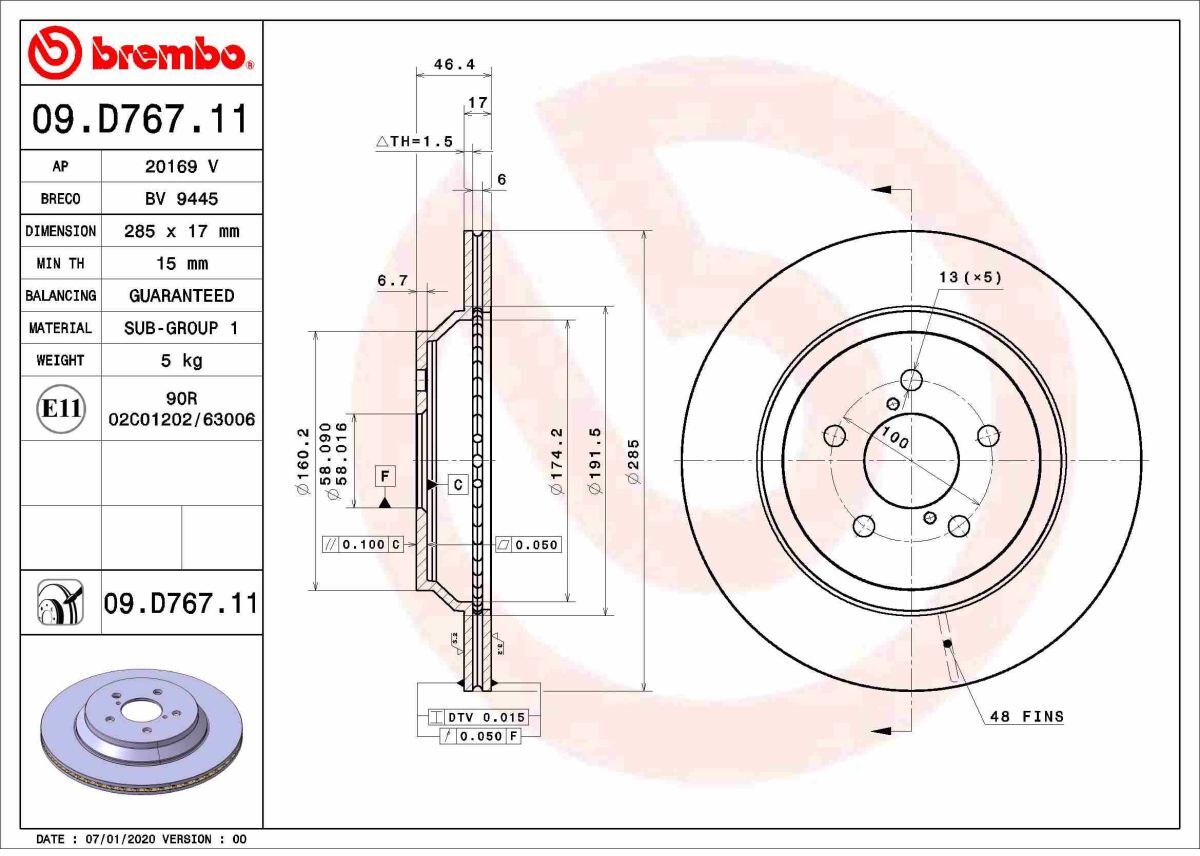 Bremsscheibe BREMBO 09.D767.11, hinten, belüftet, 1 Stück