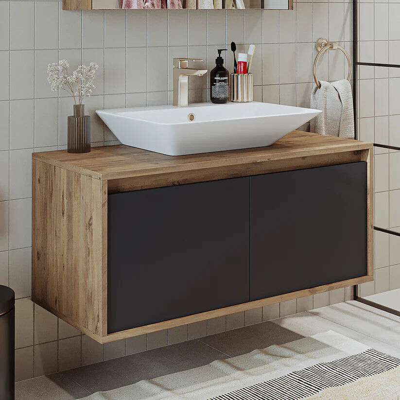 Ebern Designs Ruarie Bathroom Vanity Unit with Ceramic Washbasin 100cm Anthracite/Oak 100mm W
