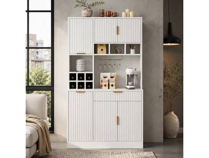 Buffet haut QAVRYL 100 x 40 x 175 cm blanc prises USB range-bouteilles et porte-verres