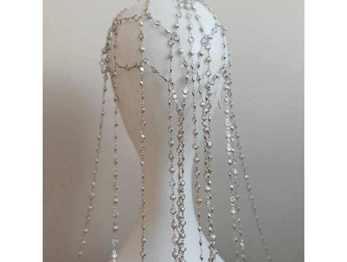 Bandeau de luxe européen et américain avec pompon en Imitation de perles, chaîne de cheveux en maille légère, accessoire de mode pour femmes