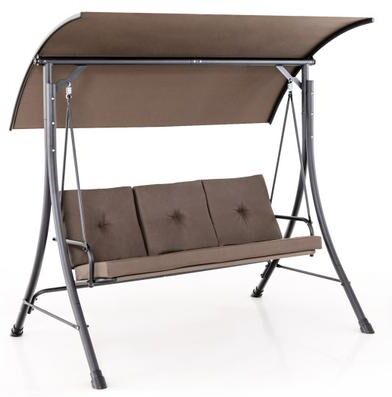 Costway 3-Seat Outdoor Porch Swing with Adjustable Canopy and Padded Cushions-Brown