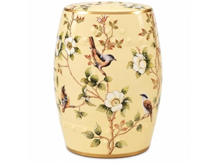 Keramik-Gartenhocker im Chinoiserie-Stil – Handbemalter Beistelltisch Terrassenhocker, Blumen-Vogel-Motiv, Goldfarbene Details, 28x45 cm, für drinnen & draußen(Beige)