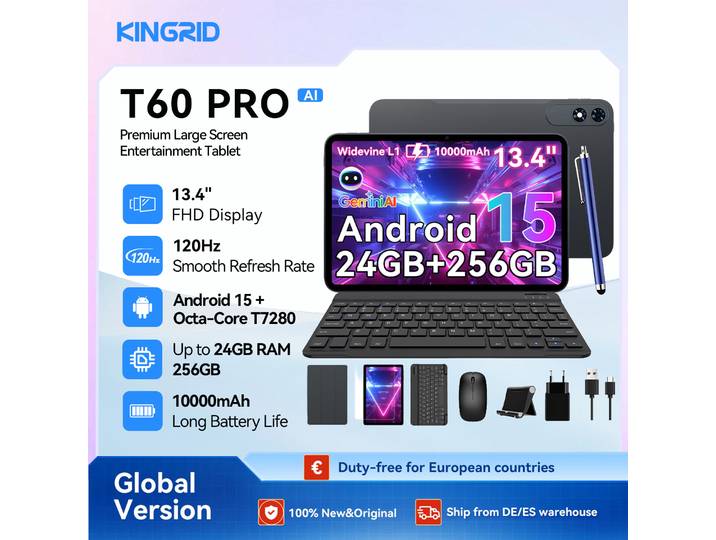Tablette PC KINGRID T60 PRO Android 15 avec clavier - 13,4' 24GB + 256GB (2TB TF), 10000mAh, 16MP+8MP, avec souris Bluetooth, clavier, tablette Android
