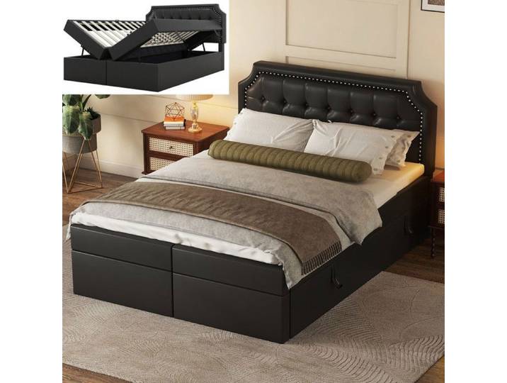 Lit coffre 140x200 cm Lit double 2 personnes Sommier lattes avec cadre mtallique s'ouvre des deux cts noir