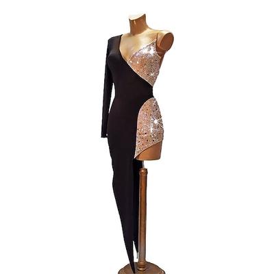 Kleid für Tanz, Salsa, lateinamerikanischer Tanz, Kristalle, Kostüme/Strasssteine, Damen, Training, Performance, Party, lange Ärmel, hoher Spandex/eine Schulter