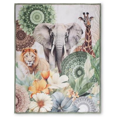 Plaid HIP "Sagadar", grün, B:130cm L:160cm, Mircofaser, Wohndecken, Weich, Kuscheldecke, 130x160 cm, Wendeoptik, Mandala, Safari, Tiere