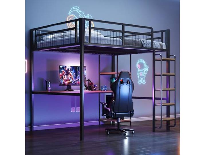 Bellemave Metall‑Hochbett 140x200cm Schwarz Jugendbett mit Treppenleiter, Tisch, Regalen und Metall‑Sicherheitszaun, ohne Matratze