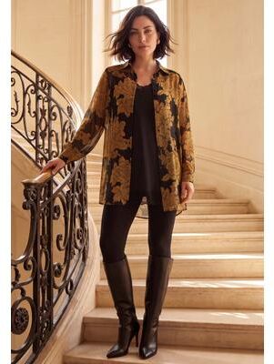 Plus Size Women's Plus Size Metallic Jacquard Button-Front Tunic by Roaman's in Gold Flowers (Size 22/24)