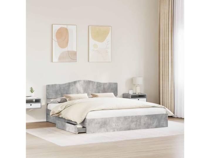 KTHLBRH Bett mit Schubladen, 200 x 200 cm, betongrau Technisches Holz, gepolstertes Kopfteil, ausziehbare Schubladen, einfache Montage