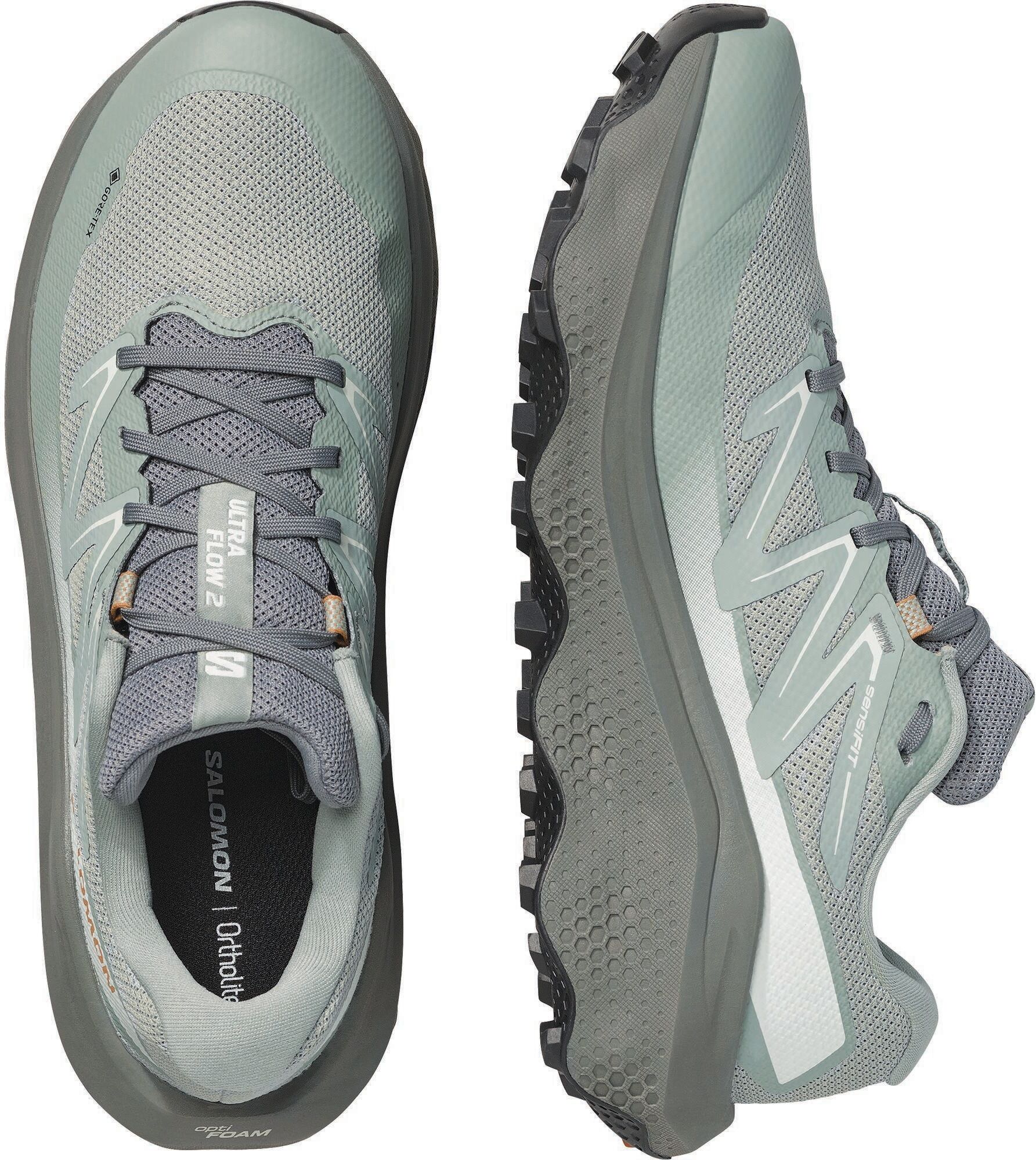 Trailrunningschuh SALOMON "ULTRA FLOW 2 GTX", Herren, Gr. 44, grün milieu, sedona sage, nugget, Synthetik, Textil, Schuhe Trailrunningschuh, wasserdicht grün milieu, sedona sage, nugget 44
