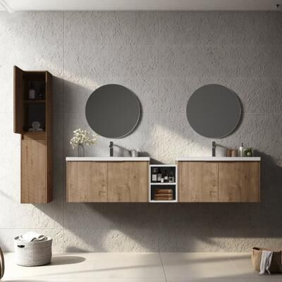 ZWYO HOSIMU "84"" Plywood Bathroom Vanity with Resin Sink, Soft-Close Doors & Side Cabinet, Wall-Mounted Design for Bathroom"