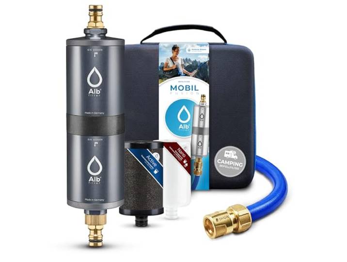Alb Filter MOBIL FUSION Befüllfilter Camping Alu Titan Zweistufiger Wasserfilter gegen Schadstoffe & Keime bis 0,1 µm, Befüllfilter, GEKA-Set Gardena-kompatibel, Made in Germany