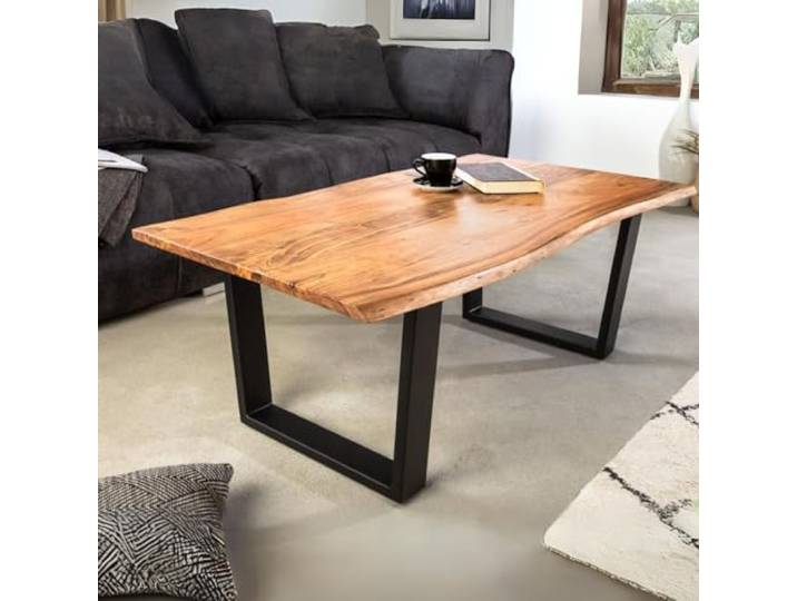 LEBENSwohnART Massiver Couchtisch ARBOL 120cm Akazie Natural Baumkante Metallgestell schwarz