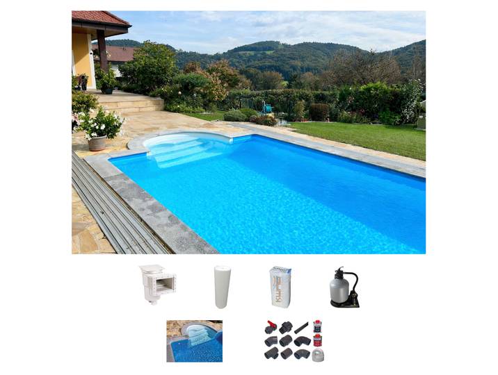 Rechteckpool KWAD mit Römertreppe , weiß, B:300cm H:150cm L:600cm, Schwimmbecken, Rechteckpool, 8x4, 7x3,5 oder 6x3m Höhe: 1,50m, mit Foliensack 0,6mm