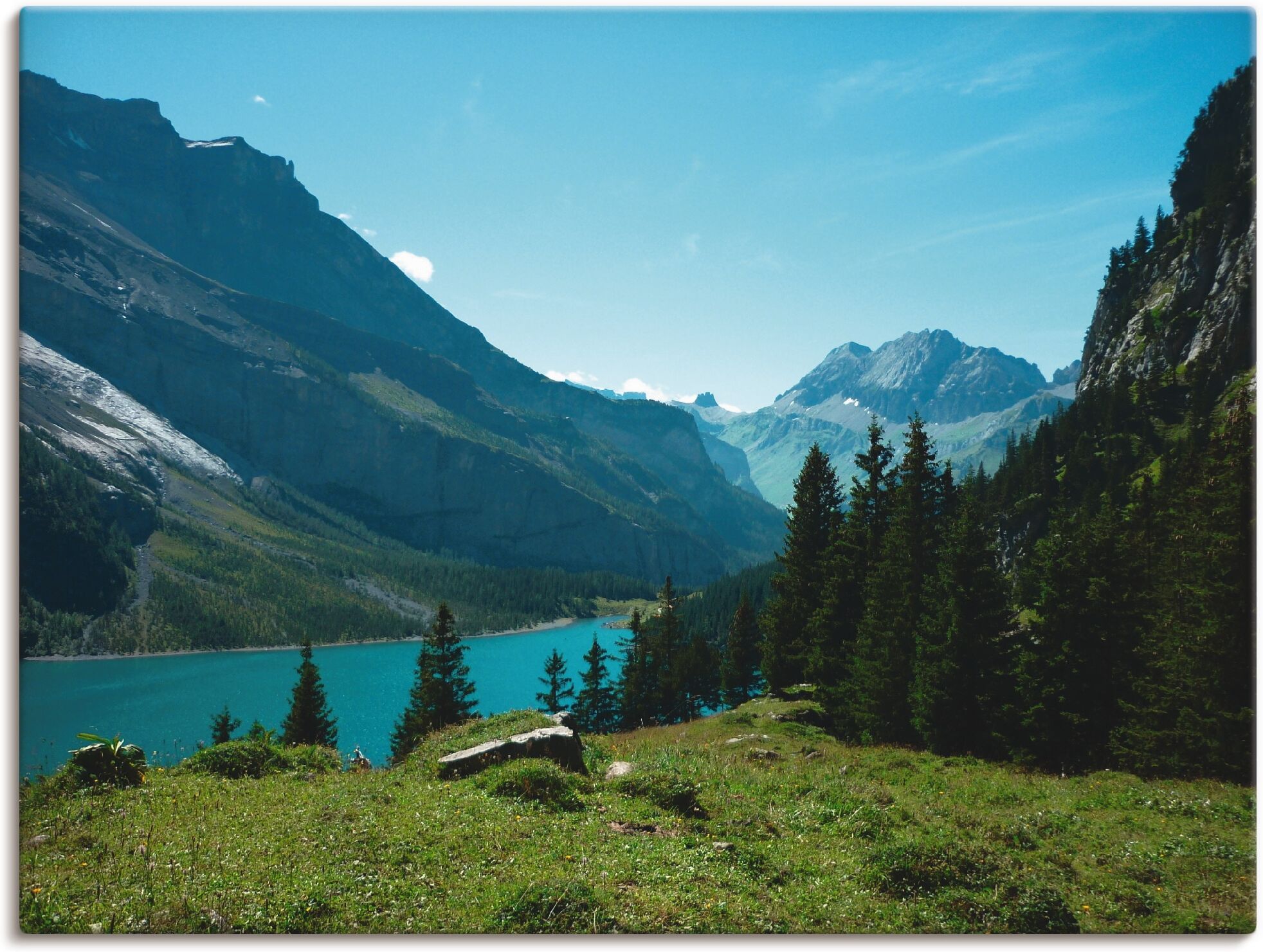 Leinwandbild ARTLAND "Blick auf den Oeschinensee", beige (farbe bild(er): naturfarben), B:80cm H:60cm, Bilder, Leinwandbild, auf Holzrahmen gespannt farbe bild(er): naturfarben B/H/T: 80cm x 60cm, Leinwandbild Berge Querformat, 1 Stk.