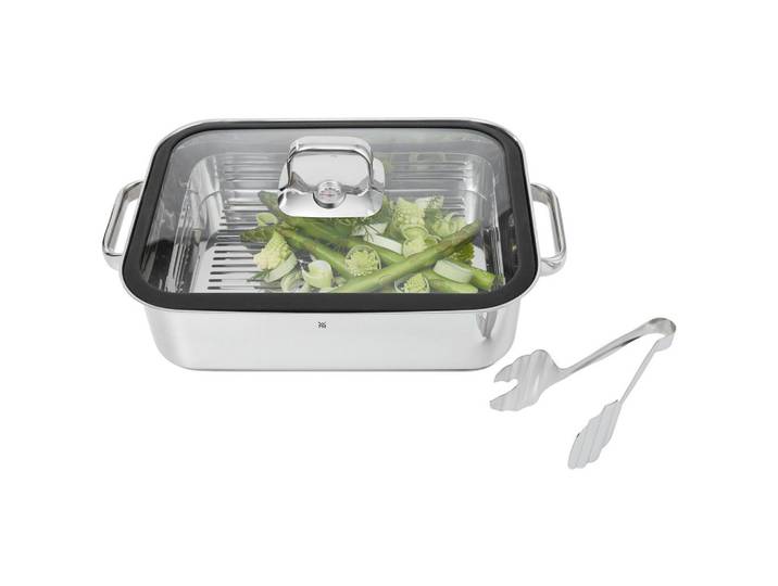 WMF Dampfbräter vitalis, Edelstahl, Metall, rechteckig, 44.5x28x17.5 cm, backofengeeignet,hitzebeständige Griffe, Dämpfeinsatz, TransTherm®-Allherdboden, Thermometer, Kochen, Töpfe, Dampfgarer Töpfe