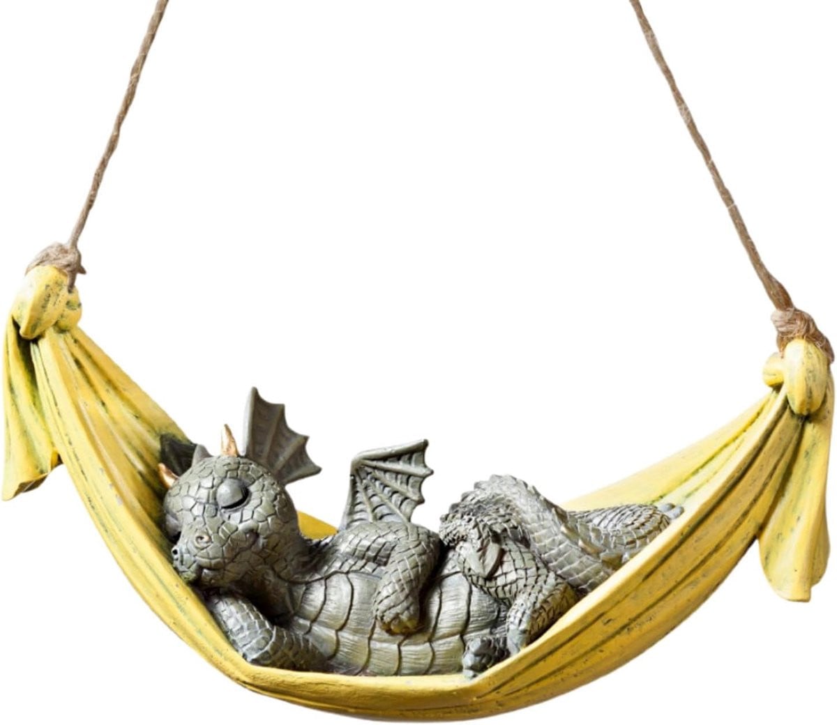 Slapende Draak Figuur - Dromende Draak Tuindecoratie - Geel - Hoogte: 13,5 cm