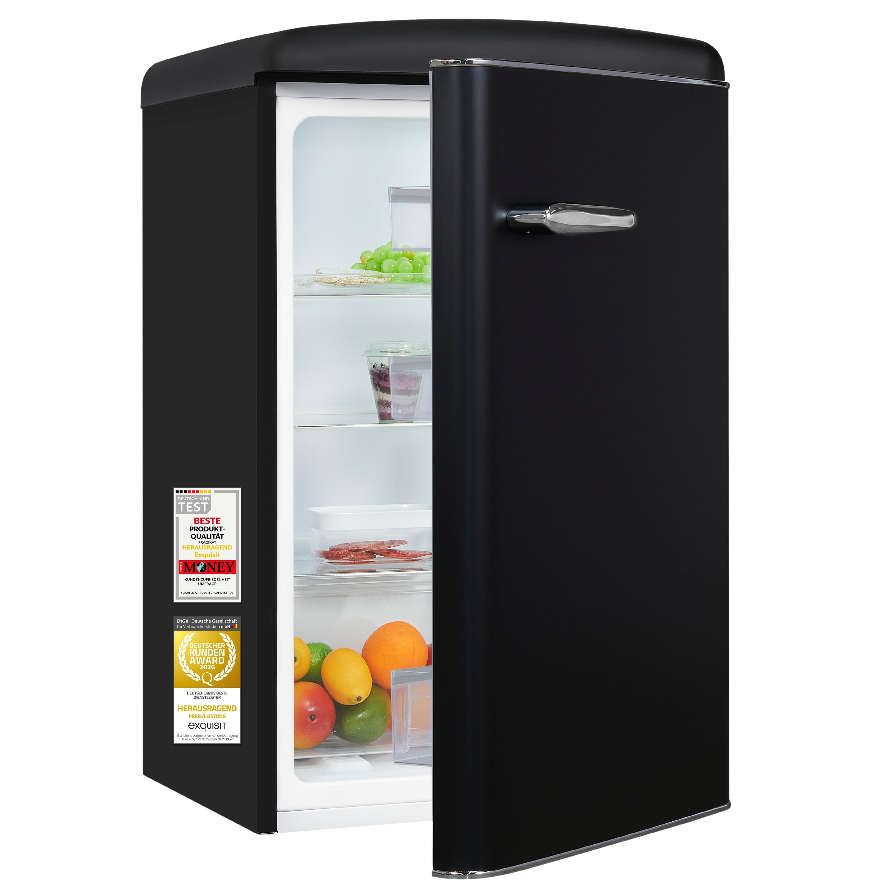 Exquisit Retro Kühlschrank 120 l | Energieklasse C | leise 38 dB | 54,5 cm schmal | LED-Beleuchtung | RKS120-V-H-160C mattschwarz | Mattschwarz