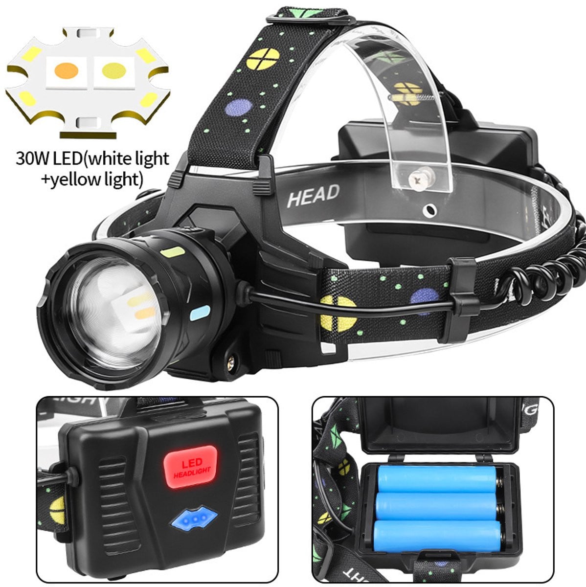 Oplaadbare LED-hoofdlamp met 400 lumen en zoomfunctie, zwart