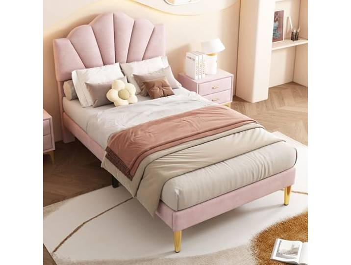 Moimhear Polsterbett,Samt, muschelartiges Bett mit goldenen Eisenbeinen, höhenverstellbares Kopfteil, Holzlattenrost (Rosa, 90 * 200 cm)