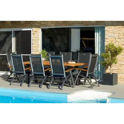 HARTMAN Sondermodell Yasmani / Primo Garten-Essgruppe, xerix/natur, Alu/Teak/Glaskeramik, 8 Klappstühle, 220/280x100cm, Teak Armlehnen