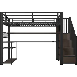 OKWISH Hochbett aus Metall und MDF, Schwarz, 90x200 cm, gewerblich geeignet, mit Schreibtisch, Kleiderschrank, Stauraum und LED-Beleuchtung
