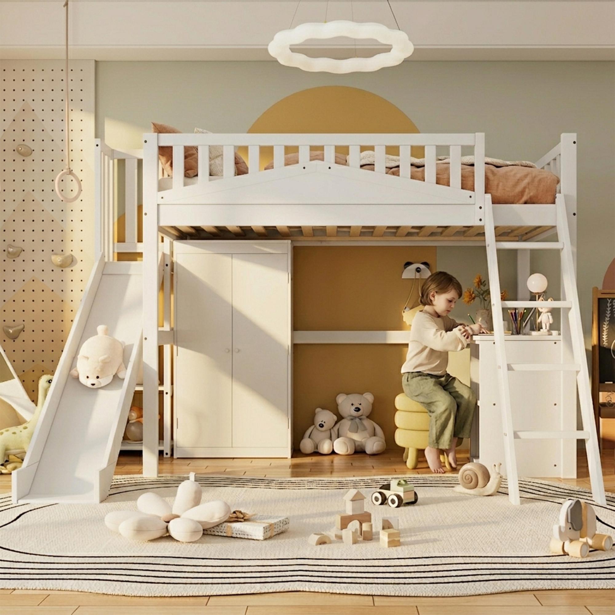 MODFU Kinderbett 90 x 200 mit Fallschutzgitter,Hochbett Jugendbett mit Tisch,Kleiderschrank,Rutsche,vierstufiger Leiter,ohne Matratze,Weiß