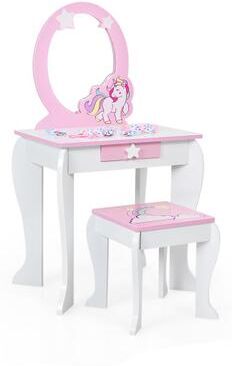 Costway Kids Wooden Makeup Dressing Table and Chair Set with Mirror and Drawer-White