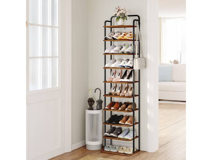 Étagère à chaussures verticale, étagères à chaussures à 10 niveaux, tour à chaussures pour petits espaces, autoportante, réglable, peu encombrante, marron et noir