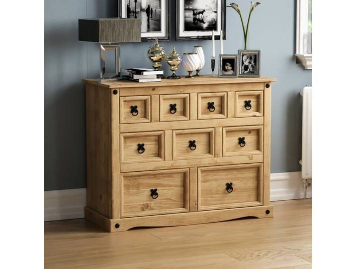 Commode Corona de style marchand en pin massif avec 9 tiroirs finition cirée