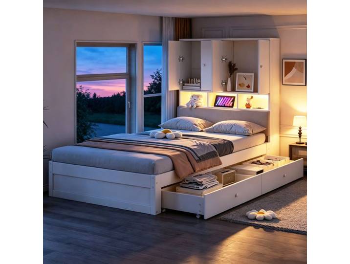 VUENOR Lit combiné 1 place 90x200 cm blanc – rangements LED et prise