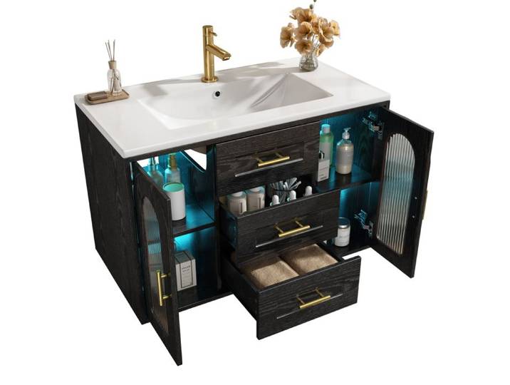 Meuble vasque mural - 76 cm - Noir - Éclairage LED - 2 tiroirs & étagères réglables