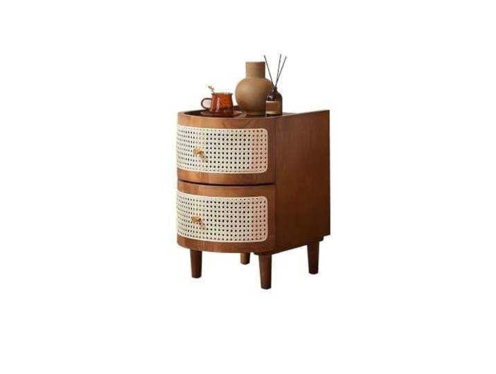 Moderner Nachttisch Nachttisch mit Stauraum aus Holz und Rattan Filigrane Metallknöpfe, schlanke Beine for eine stabile tägliche Platzierung