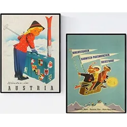POSTER Set Mit 2 Zwei Vintage-Bettwäsche Ski-Kinder A3 Schwarzer Rahmen