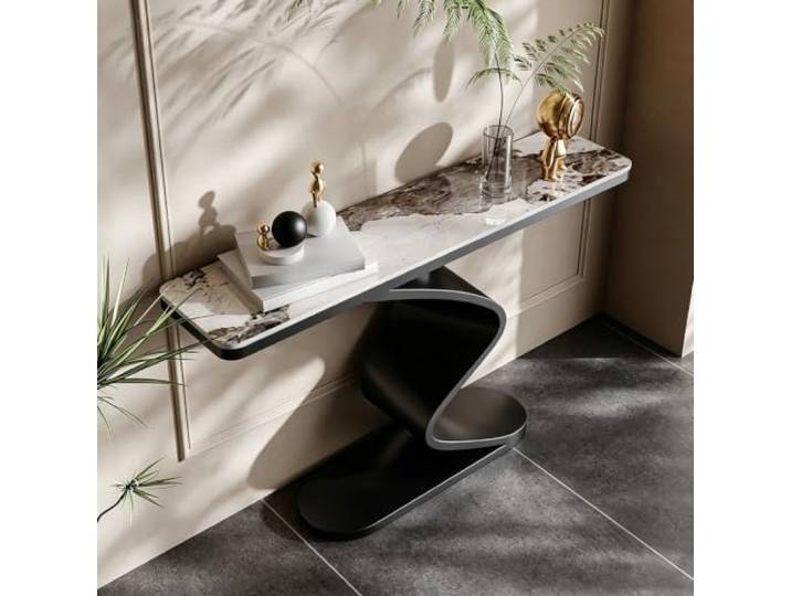 Moderner Konsolentisch, Sinterstein Sofatisch, Metallgestell für Flur Sinterstein-Platte, S-Design-Rahmen, Schmaler Flurtisch, Hohe Stabilität(Black-gold,39.4 (100cm))