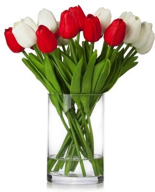 Enova Home 20 Pieces Artificial Real Touch Tulips Fake Silk Flowers Arrangement in Glass Vase with Faux Water for Home Decor
