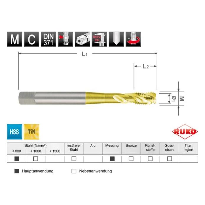 Ruko Maschinengewindebohrer M DIN 371 HSS-TiN M 8, Form C / 35° RSP (56335611)
