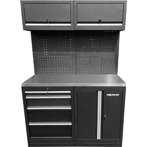 KS-Tools Werkbank 866.6030, schwarz, 4-teilig, 2 Hängeschränke, 4 Schubladen & Lochwand, 136 x 189 x 50cm