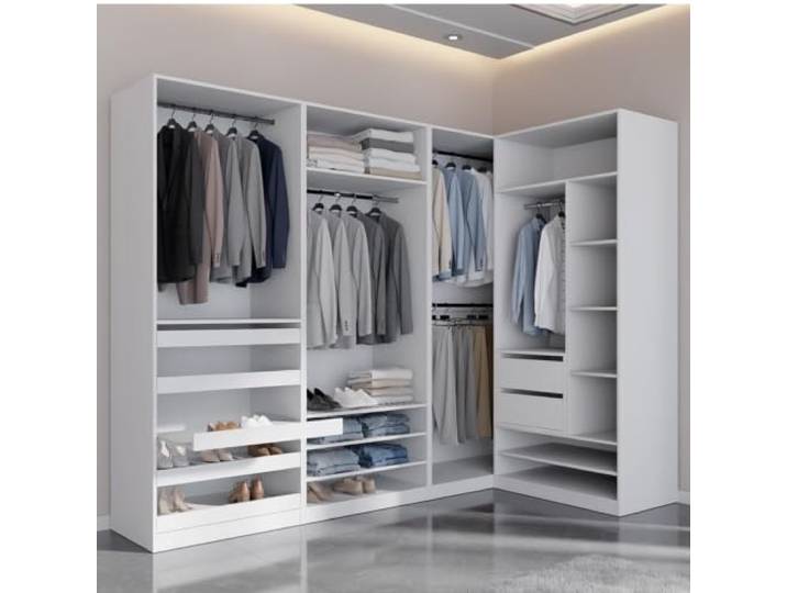 MARMEX Möbel Ankleidezimmer Kleiderschrank Set 32B – modulares Schranksystem mit Kleiderstangen, Schubladen und ausziehbare Schuhablagen – Eckschrank oder gerade Schrankwand – 345×206×51cm weiß