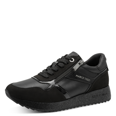 Keilsneaker MARCO TOZZI, Damen, Gr. 37, schwarz, Lederimitat, Textil, aufgeraut, leicht glänzend, unifarben, Schuhe, Freizeitschuh, Schnürer im stylischen Materialmix
