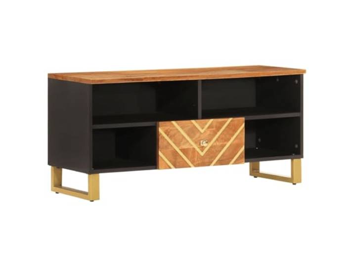 KGHERMDF TV-Schrank Massivholz Mango 100x33,5x46 cm Braun Stauraum mit Tueren, Eisenbeine, Stabil, Dekoflaeche, Wohnzimmer