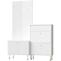 MODFU Garderoben-Set MDF und Spanplatte Weiß mit Schuhschrank, Staurschrank und 6 Haken