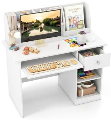 Costway Kids Study Desk Children Writing Table with Hutch Drawer Shelves and Keyboard Tray-White