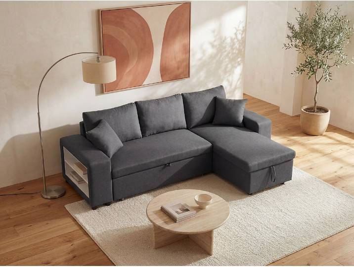 Ecksofa mit Schlaffunktion & Bettkasten + Sessel - Stoff - Anthrazit - SELIM