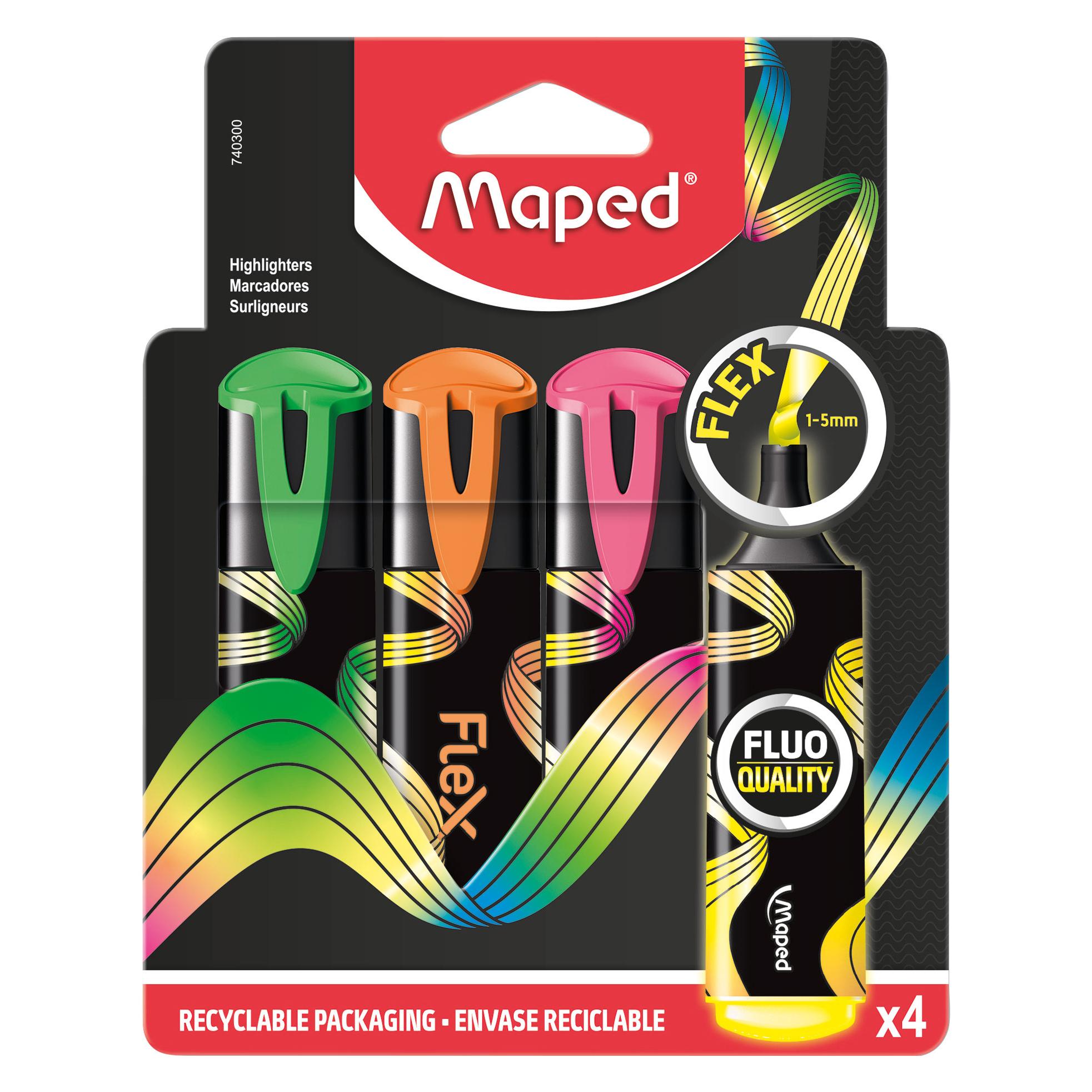 Maped Textmarker, Markierstift FLUO PEPS FLEX - extra-weiche, flexible Spitze - perfektes Markier- (4x) (740300)