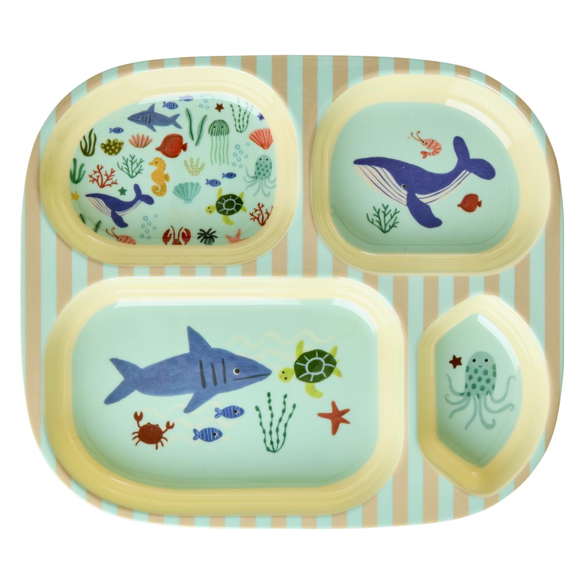 Rice - Kids 4 Room Plate with Blue Ocean Print - Blue (KIPL4-OCEB)