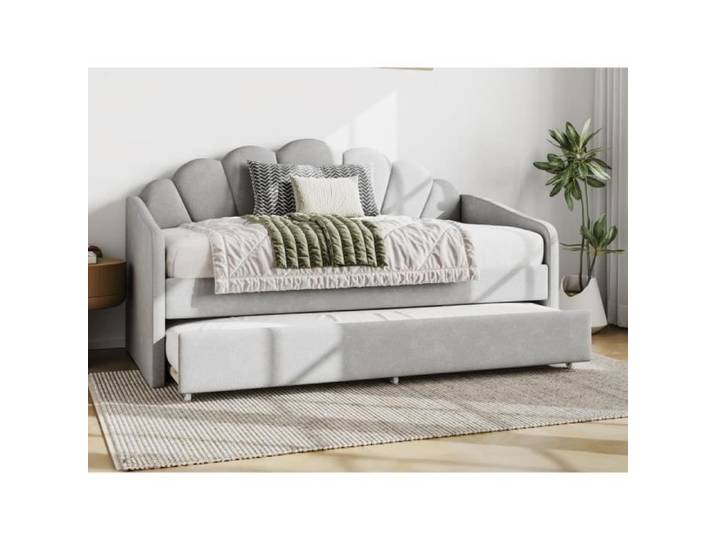 Lit gigogne coquillage 2 x 90 x 190 cm - Velours - Gris clair - ELUSIA